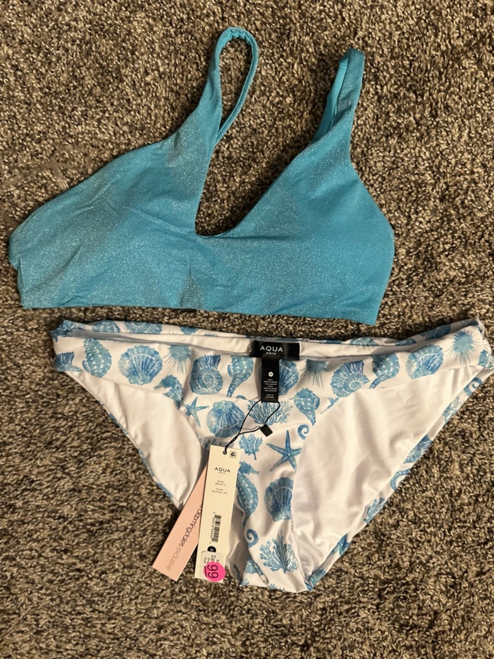 Aqua Blue Asymmetric Cutout Bikini Top & Seashell Bottoms Set